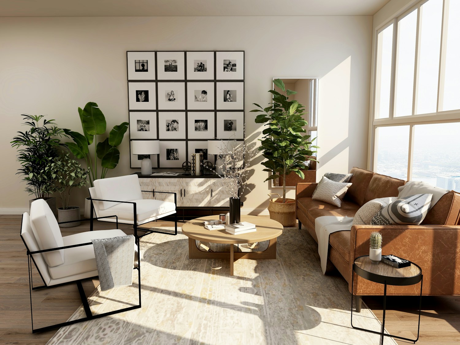 Sunlit modern living room with warm natural materials